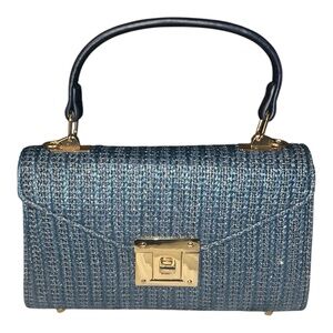La Regale Blue Raffia Mini Top Handle Woven Purse Chic Summer Bag